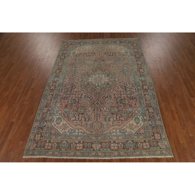 Pink Vintage Tabriz Persian Area Rug Handmade Wool Carpet - 6'4" x 9'7"