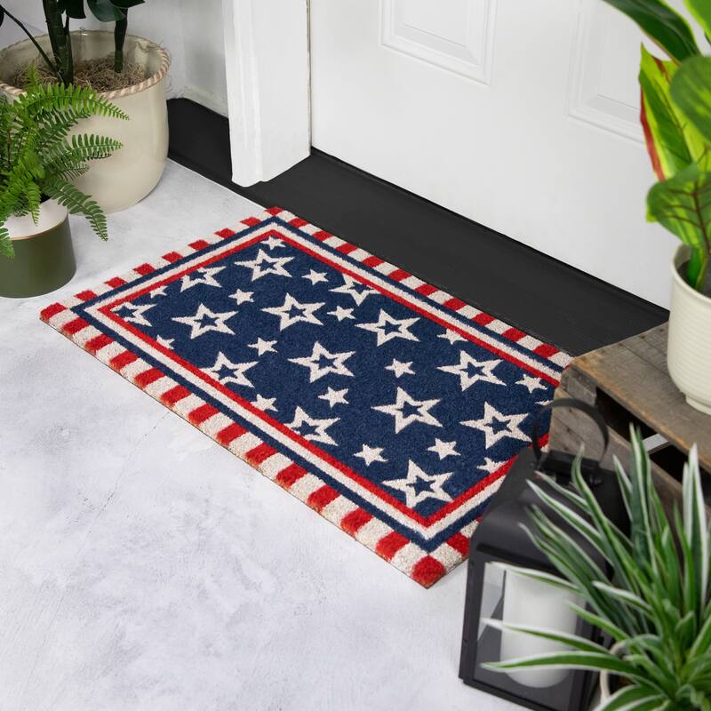 Blue and Red Americana Stars and Striped Border Coir Outdoor Doormat - 30