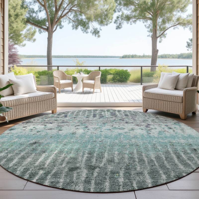 Machine Washable Indoor/ Outdoor Boho Modern Chantille Rug - Teal - 8' x 8'