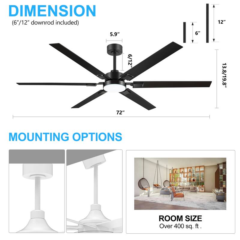 72 Inch Large LED Ceiling Fan with Light Kit and Remote Control