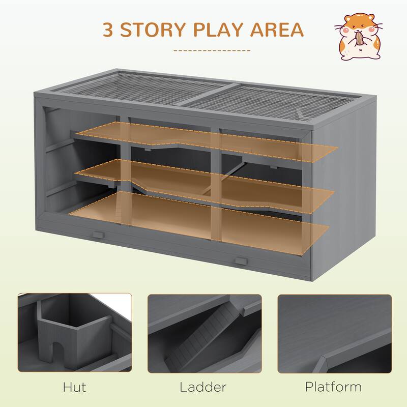 Wooden Hamster Cage with Multiple Levels, Clear Window and Tray - 45.25" L x 22.5" W x 21.75" H