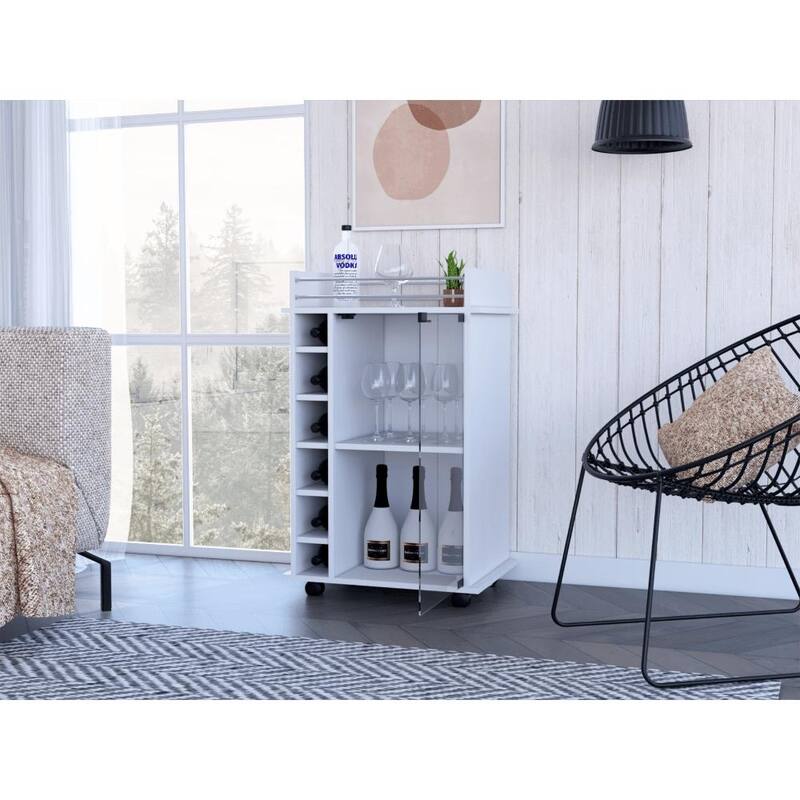 Stylish White Bar Cart with Glass Door, Two Shelves, Six Liquor Bottle Cubbies, and Locking Casters
