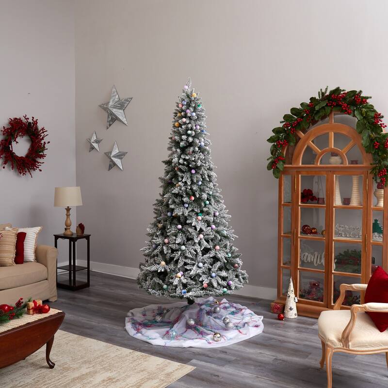 8.5ft. Flocked Fir Artificial Christmas Tree with 120 Multicolor Globe Bulbs & 1513 Branches - Festive Holiday X-Mas Glow