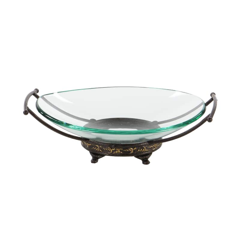 Tempered Glass Kitchen Serving Bowl with Brown Metal Base - Clear - Roche River Decor - 11"Wx17"Lx5"H