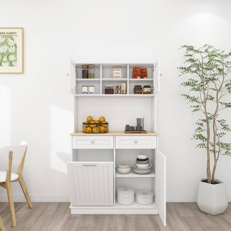 Anmytek 67.7" Tall White Kitchen Storage Cabinet with Tilt Out Trash, 2 Drawers & Adjustable Shelves