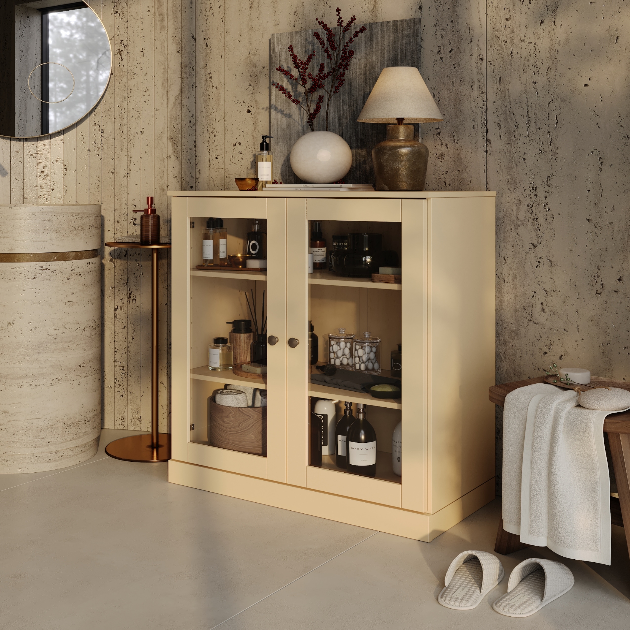 Palace Imports 100% Solid Wood Short Clear Glass Bathroom Storage Cabinet, 32" W x 35.75" H