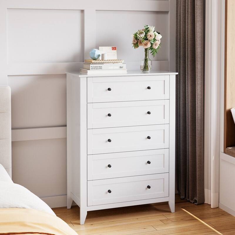 5 Drawer Dresser with Deep Drawers and Nickel Round Handle - White