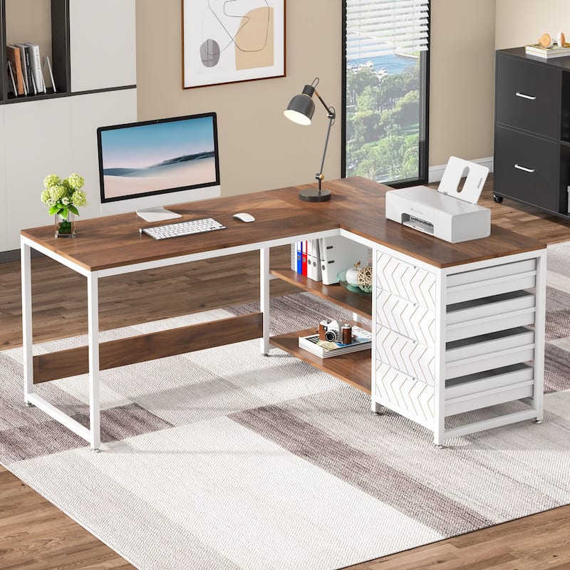 Reversible L-Shaped Office Desk Computer Desk Sturdy Writing Table Workstation - White and Brown