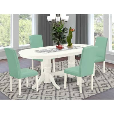 Dining Room Set 5pc Table & 4 Chairs - Modern Farmhouse Design - Linen White Legs - Pond PU Leather