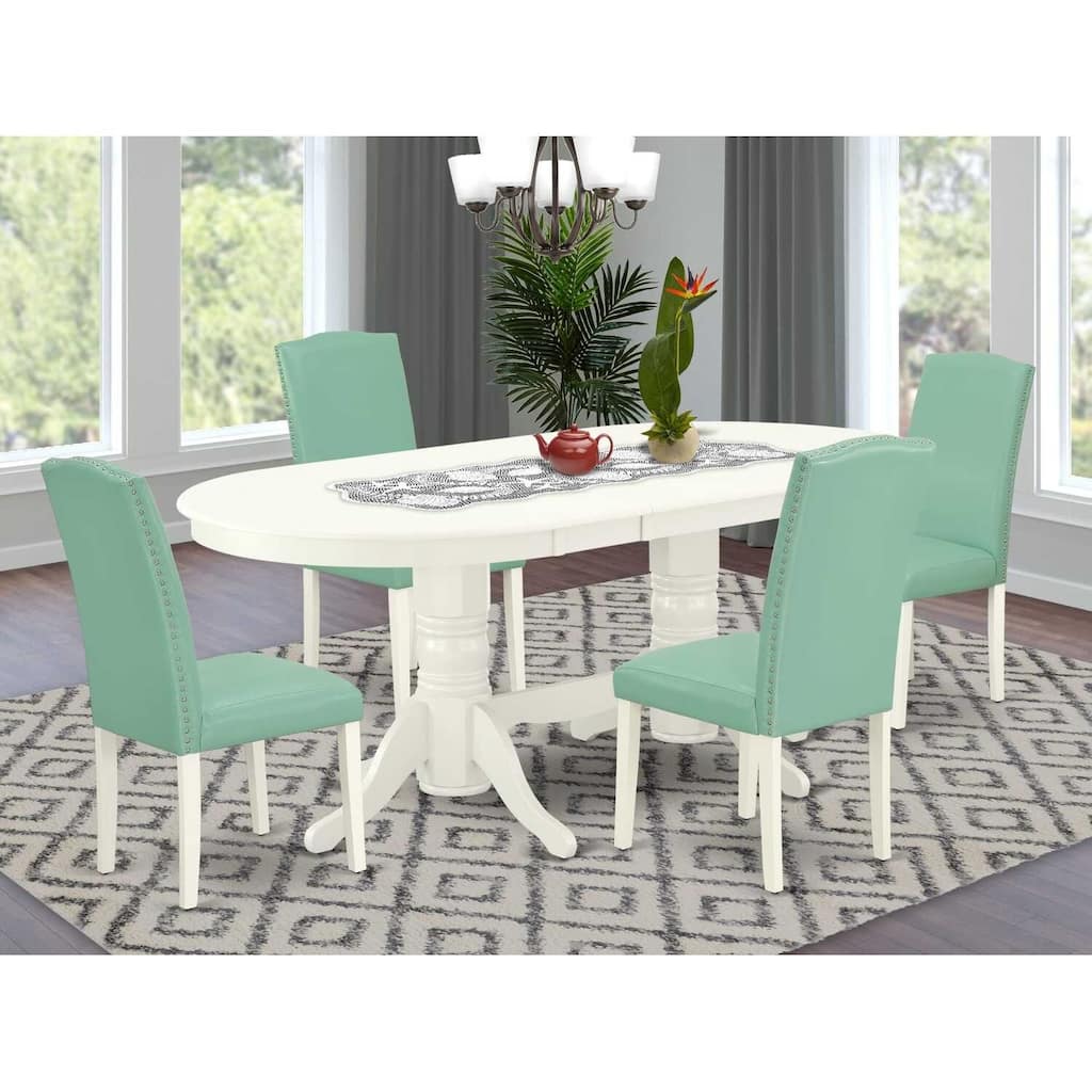 Dining Room Set 5pc Table & 4 Chairs - Modern Farmhouse Design - Linen White Legs - Pond PU Leather