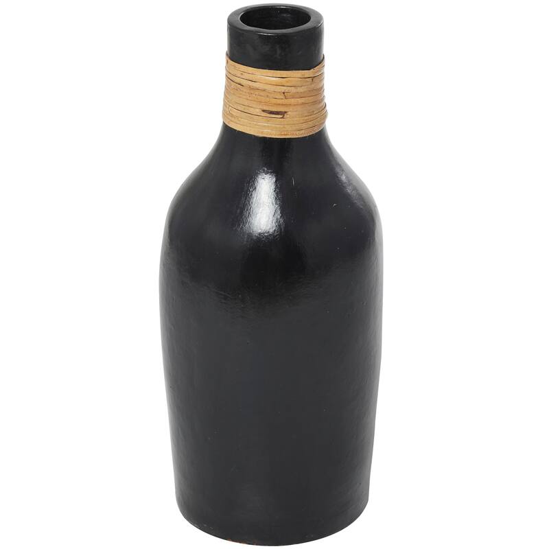 Modern Black Ceramic Vase with Stylish Wrapped Rattan Detailing