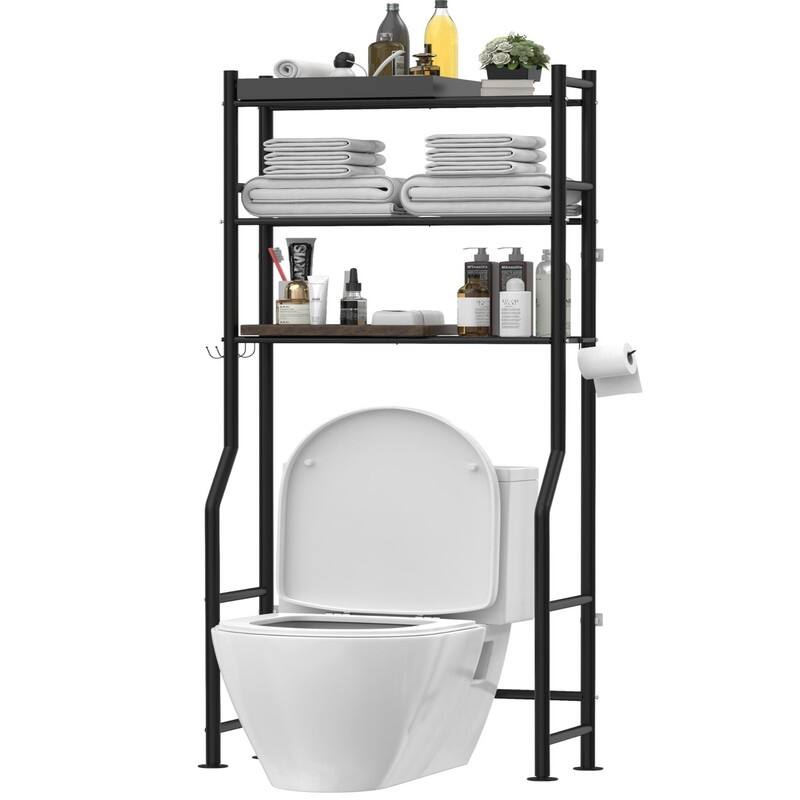 3-Tier Over The Toilet Storage, Freestanding Metal Bathroom Shelves with 4 Hooks, Over Toilet Storage Shelf with Paper Holder