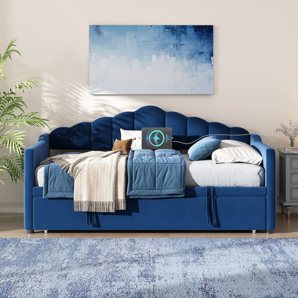 Upholstered Twin Size Daybed with Pop-Up Trundle and Charging Station