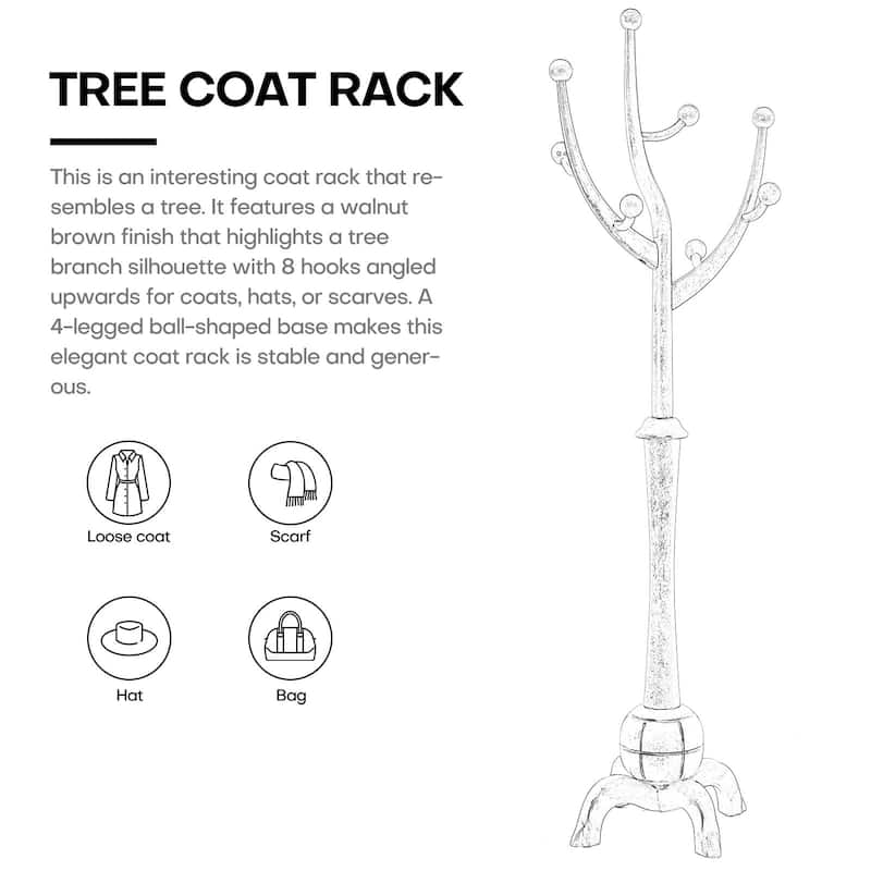 Tree-branch Rubberwood Freestanding Coat Rack with Hooks