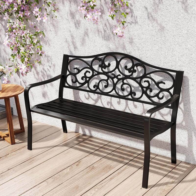 Costway 50" Porch Bench with Ergonomic Backrest & Armrests Floral - See Details - Black