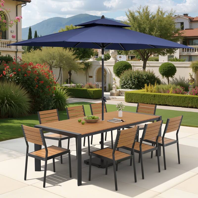 9/11-Piece Outdoor Dining Set Aluminum Table and Stackable Chairs w/10 ft Umbrella and Base