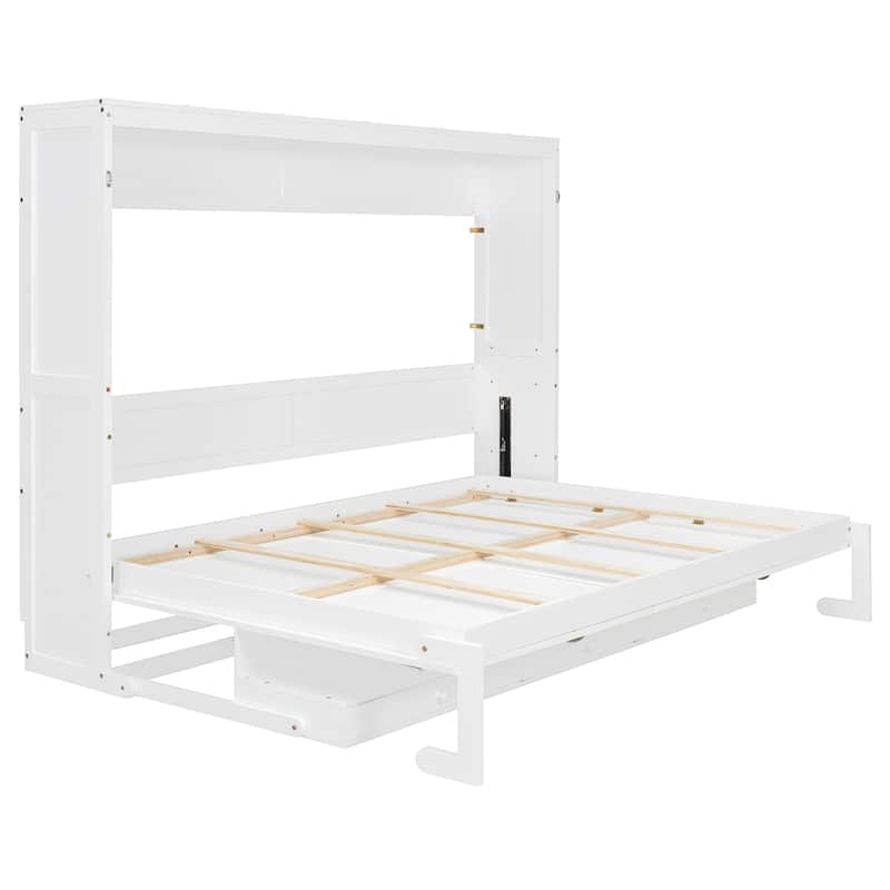 Queen Murphy Bed with Storage & Vanity Desk, Wall Mounted Folding Cabinet Bed with Mirror and Drawers for Small Space