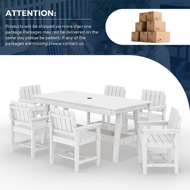 7-Piece HDPE Outdoor & Indoor Dining Set, Rectangular 67.91in W Table with Umbrella Hole and 6 Chairs Set of 7, Wood-Look Finish