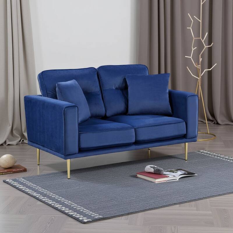 Voxo Loveseat with 2 Accent Pillows, Blue Velvet Padded Seat, 58 Inch