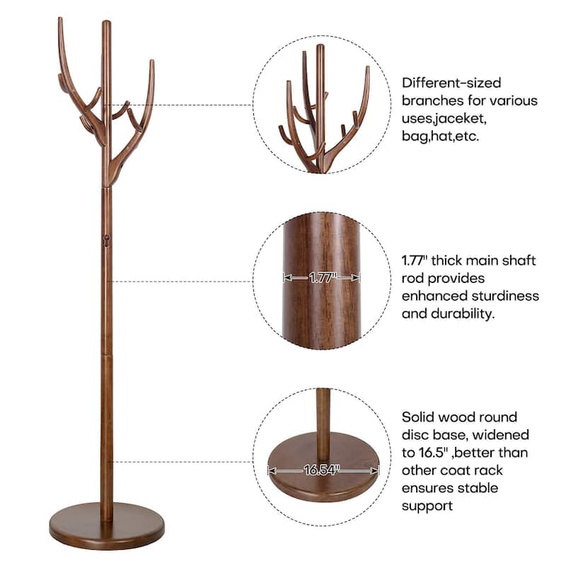 Adjustable Tree-branch Coat Rack Freestanding, Rubberwood Coat Tree - 16.54"Dia. x 71.65"H