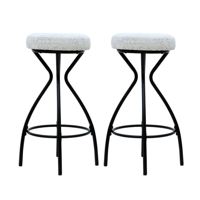 Set of 2 Floral Print Bar Stools, 29" Upholstered Round Counter Stools with Footrest - Black & White Print
