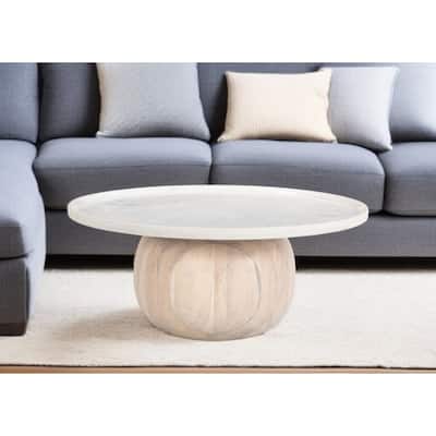 HomeRoots 35" White and Natural Wood And Faux Marble Round Pedestal Coffee Table - 35 in. x 15 in. x 35 in.