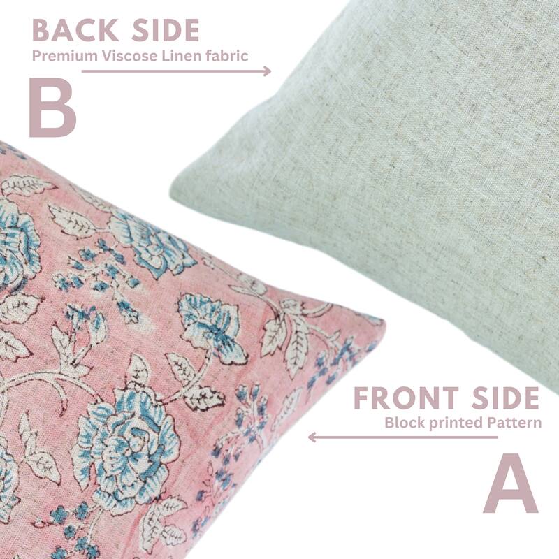 Fabdivine Pink or Gray Floral Accent Cushion Cover for Farmhouse Sofa, Bed Pillowcase 12x20 Inch Viscose Linen, Rameshwaram