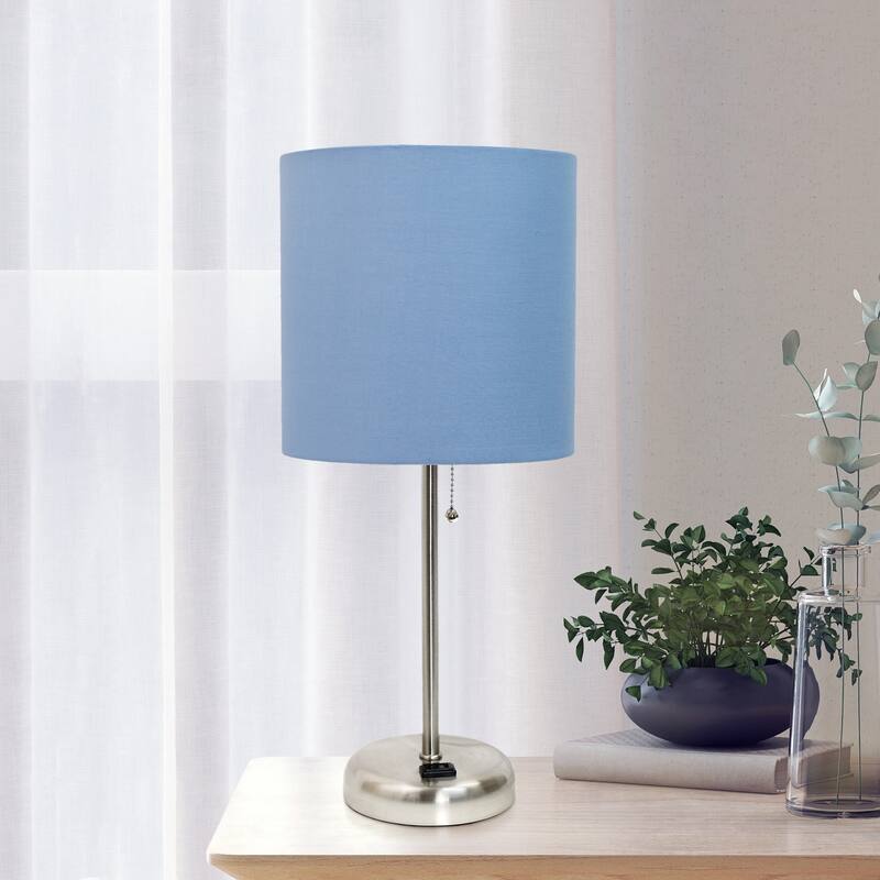 19.5 in. Brushed Steel Finish Table Lamp with Blue Shade, Sturdy Table Lamp for Living Rooms and Bedrooms