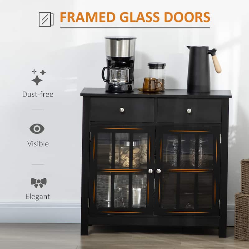 Sideboard Buffet Cabinet, Accent Kitchen Cabinet with Glass Doors, Adjustable Shelf and 2 Drawers for Kitchen, Black