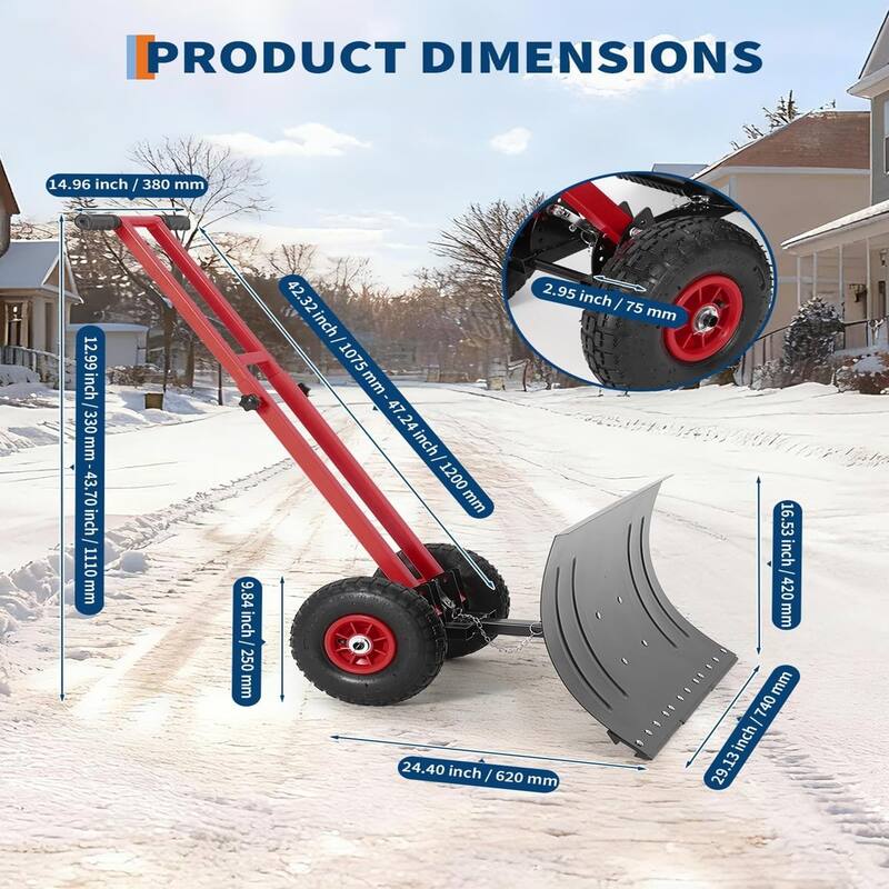 29x16.53 In Heavy Duty Rolling Snow Shovel With Wheels Double Armrests - 29x16.53 In