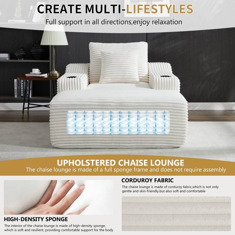 Roomfitters 67" Oversized Chaise Lounge, Corduroy Boneless Sleeper Sofa with Integrated Cup Holders