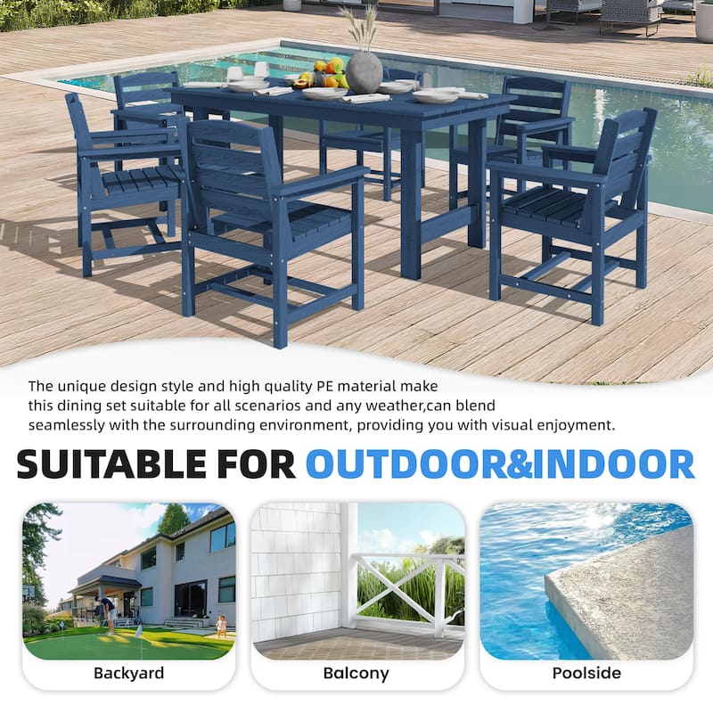 7-Piece HDPE Outdoor Dining Table Sets with Umbrella Hole - 1-Table 6-Chairs