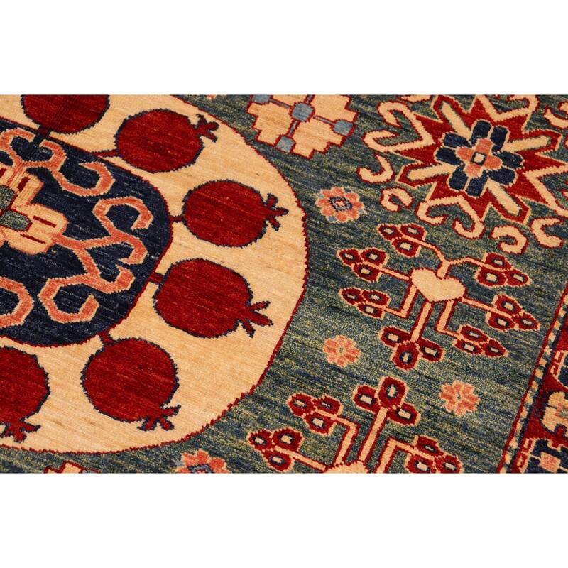 Caucasian Super Kazak Bryson Green/Beige Hand Knotted Wool Rug - 6'10'' x 9'6''