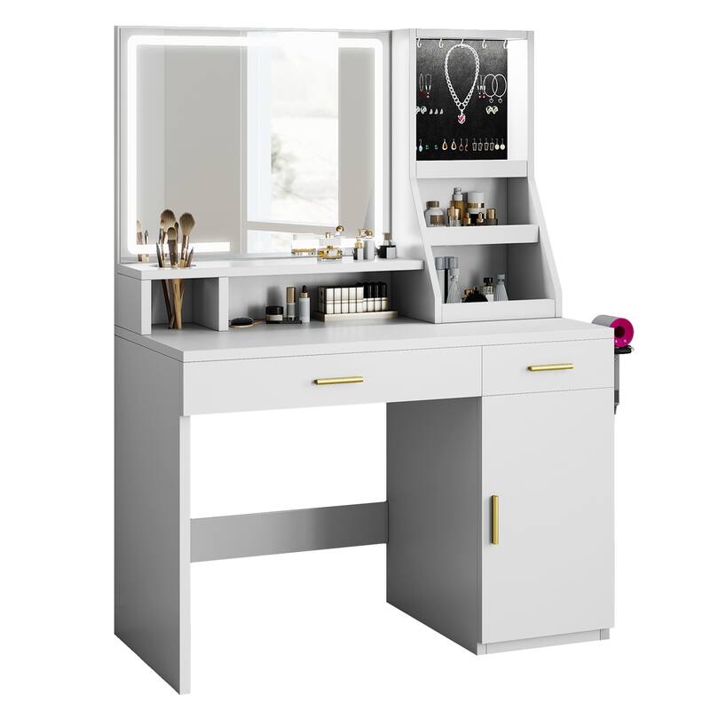 Moasis Makeup Vanity Desk with Mirror and Lights, Dressing Table with 2 Storage Drawers & Hairdryer Holder