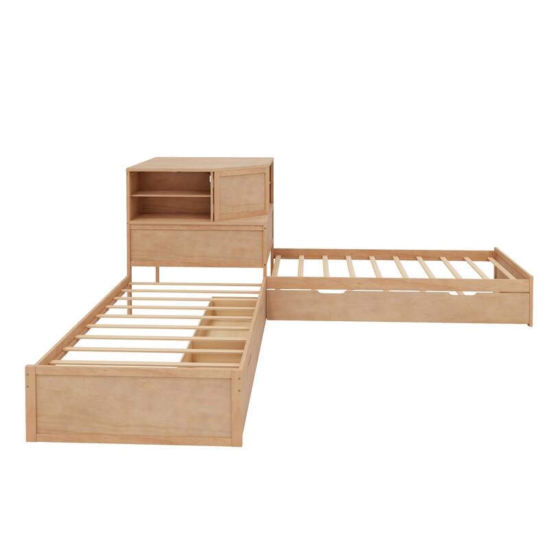 All-in-one Low Profile Platform Bed with Trundle and Drawer, Wooden Floor Bed Linked Corner Bed Built-in Desk and Led Downlight