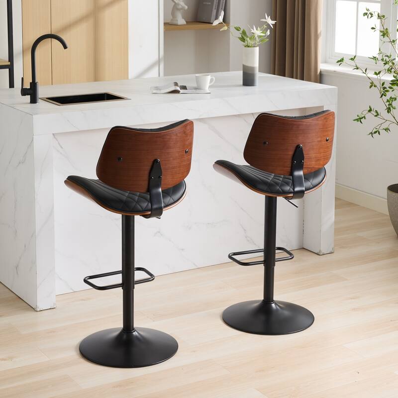 Modern Adjustable Counter Height Leather Upholstered 360°Swivel Bar Chairs for Kitchen Island/Dining Room/Cafe, Set of 2