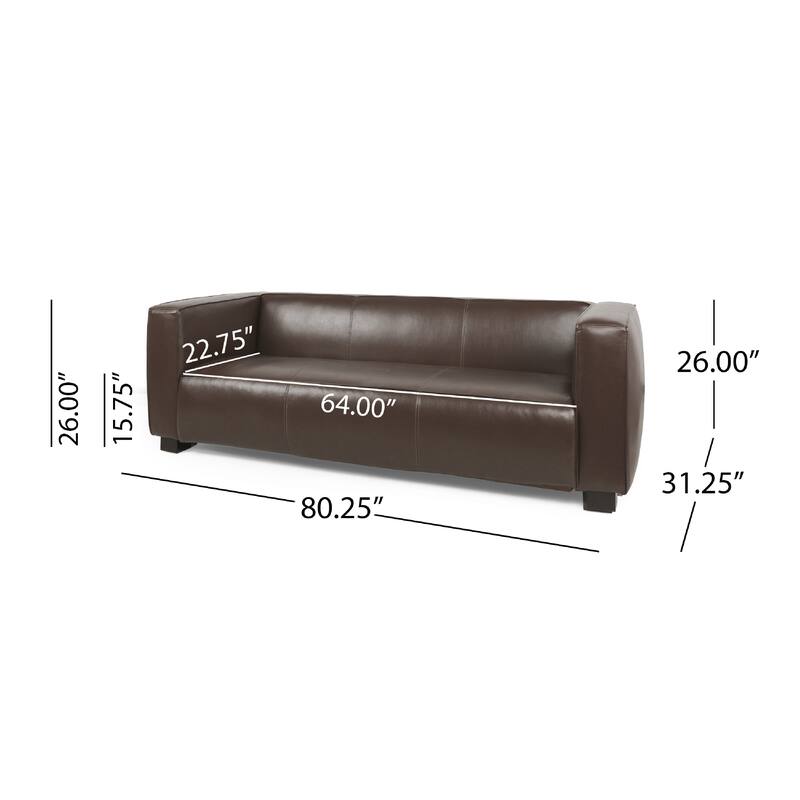 3 Seater Sofa, Low Profile Dark Brown Faux Leather, Birch, 80 Inch