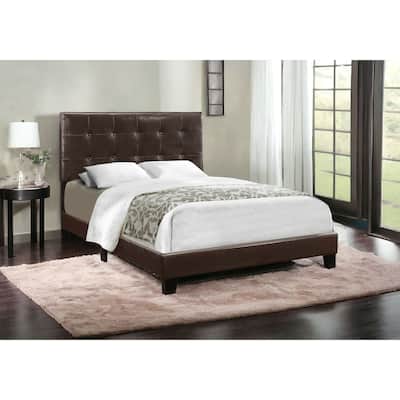 HomeRoots Brown Solid and Manufactured Wood Full Upholstered Faux Leather Bed Frame