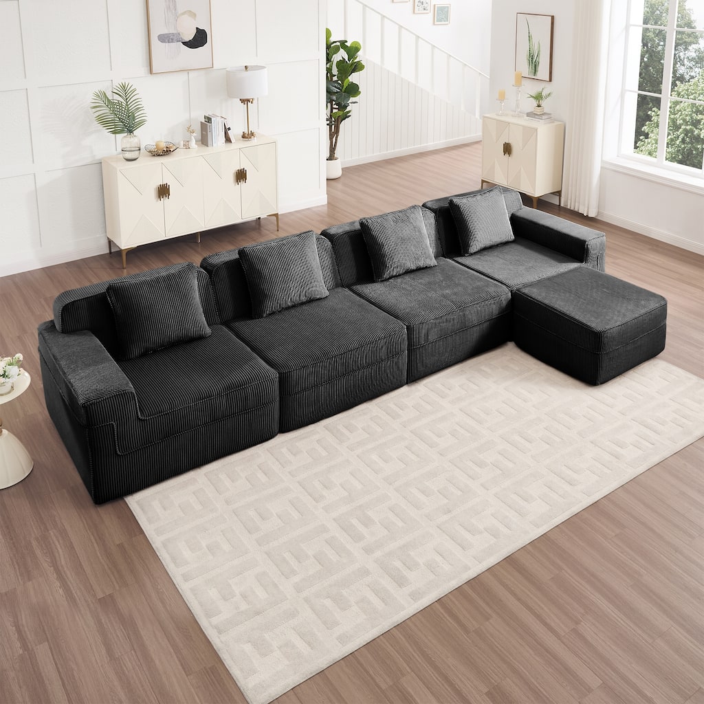 GDFStudio - Corduroy Modular 4-Seater 153.5" L-Shaped Boneless Cloud Sofa with Ottoman