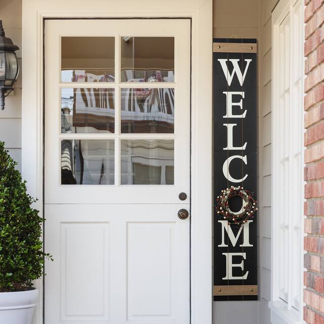 Glitzhome 60"H Wooden Welcome Porch Sign with 4 Changable Floral Wreaths