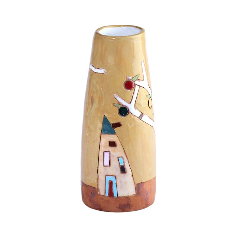 Novica Handmade Pomegranate Tree In Honey Glazed Ceramic Vase