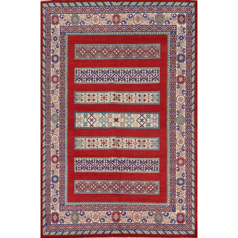 Red Geometric Kazak Oriental Area Rug Handmade Wool Carpet - 6'6" x 9'7"