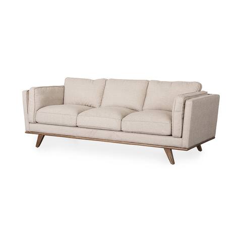 Brooks Cream Fabric Three Seater Sofa w/ Medium Brown Solid Wood Legs - 90.1"W x 34.8"D x 33.4"H