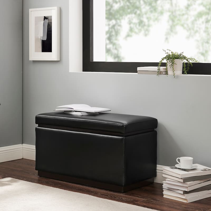 Rue Faux Leather Rectangle Storage Ottoman - Black