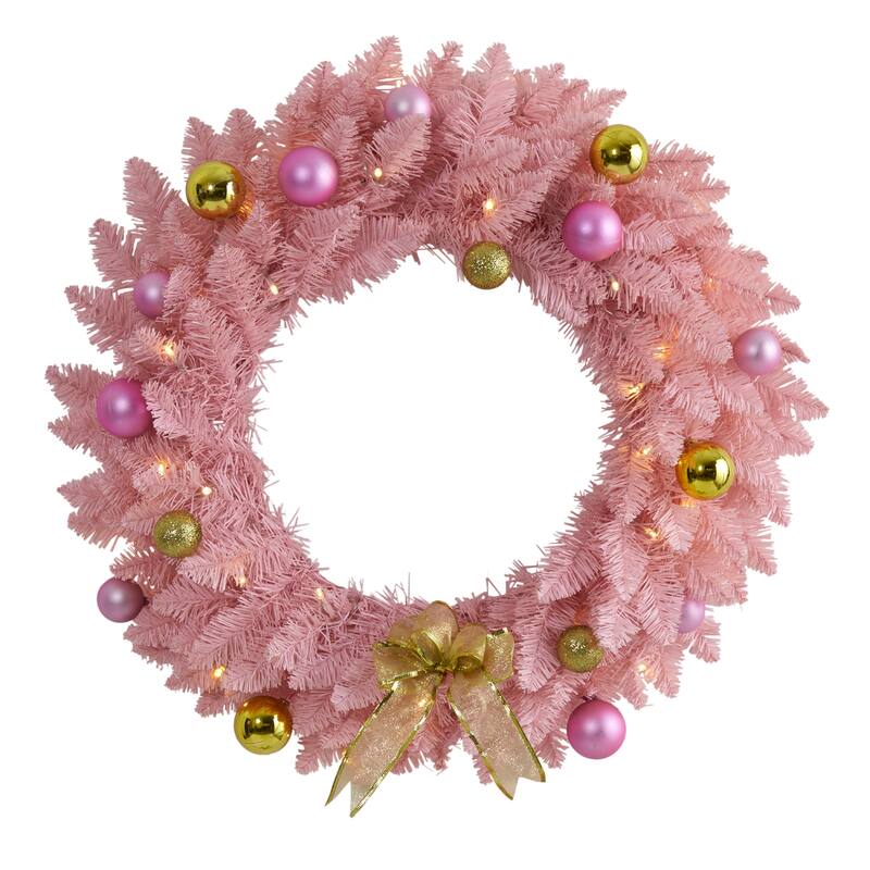 Pre-Lit Pink Artificial Christmas Wreath and Ornaments, 24-Inch, Clear LED Lights