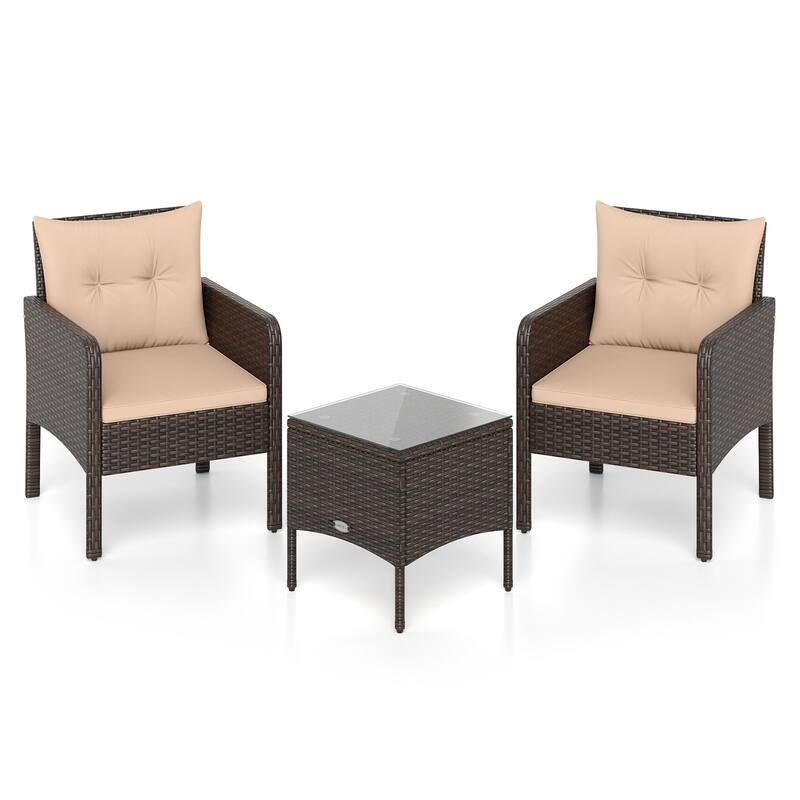 Gymax 3 PCS Patio PE Wicker Furniture Set w/Cushions & Tempered Glass