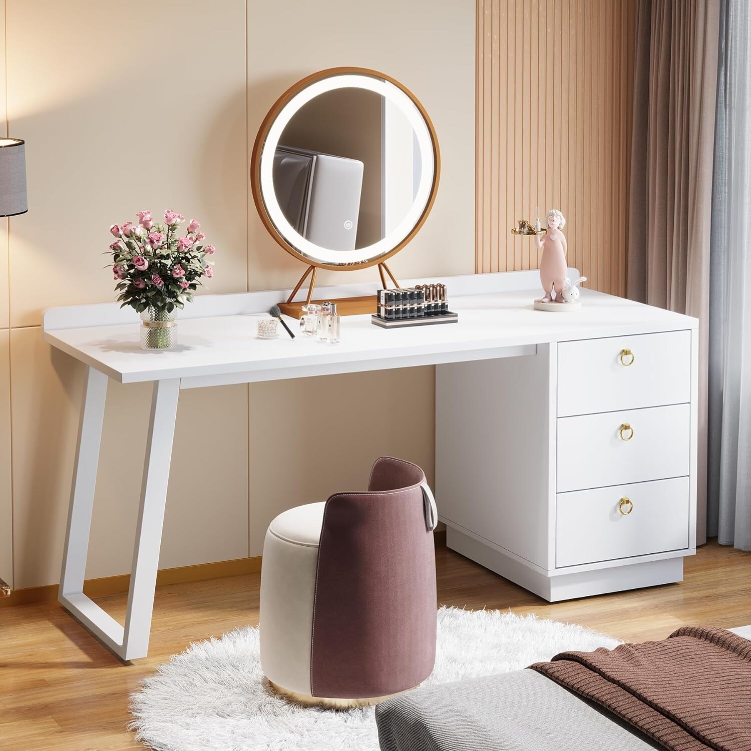 FARFARVIEW 55 Inches Vanity Desk with 3 Drawers No Mirror White Moder Makeup Vanity Desk