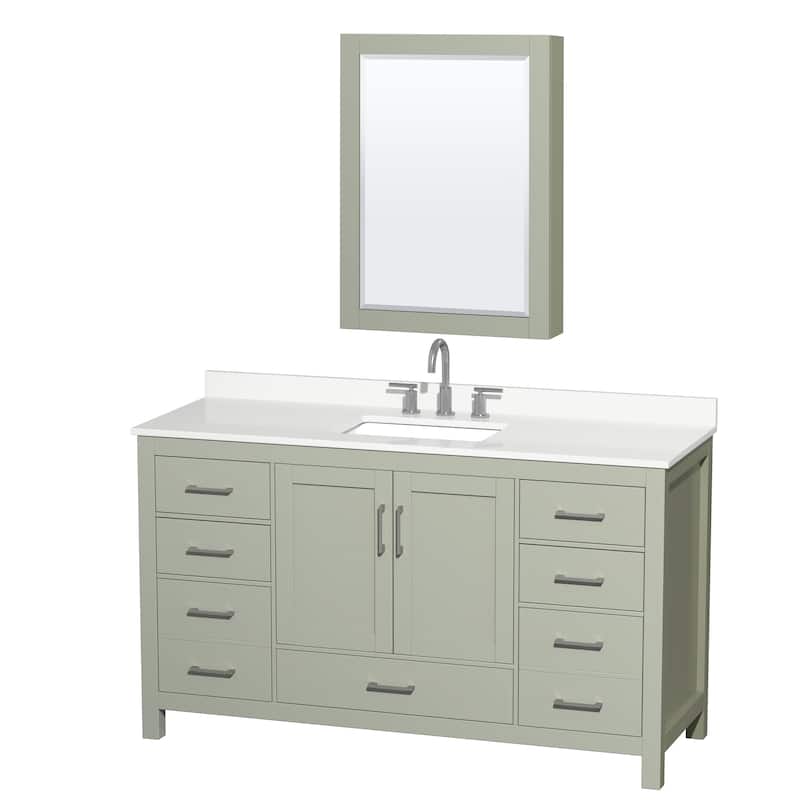 Sheffield 60-inch Single Vanity, 3 Hole Quartz Top, Med Cabinet - Light Green, Nickel Trim, White Quartz Top