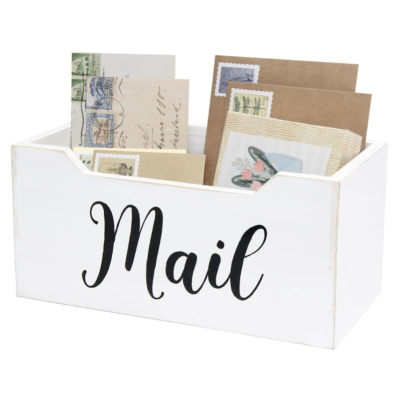 Rectangular Wooden "Mail" Printed Accent Box - 11.5" - White and Black