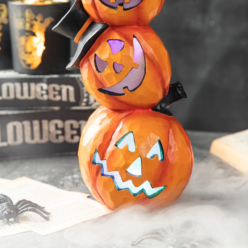 Glitzhome 14.25"H Halloween Lighted Stacked Resin Pumpkin Figurine Table Decor - Lighted Pumpkin
